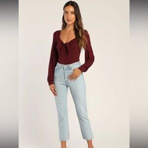 NWT LuLus Tie Fidelity Burgundy Tie-Front Bodysuit
